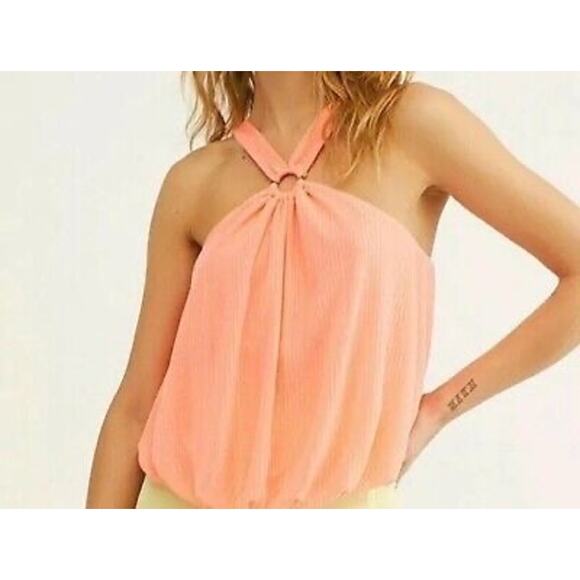 Free People Just A Fling Shirt Womens Small Coral Ribbed Blouson Tank‎ Top Boho - Picture 1 of 10